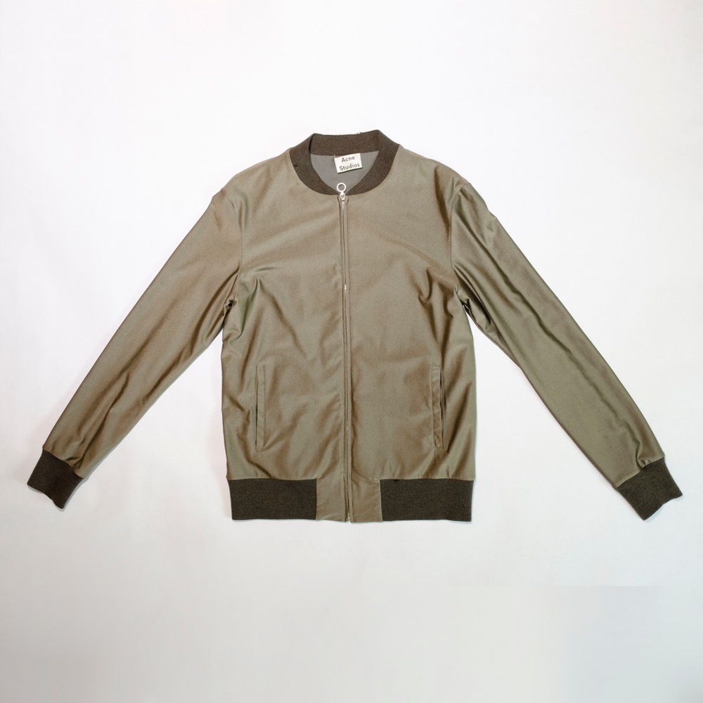 Acne Studios Satin Metallic Bomber Olive Gold Green Zipper Jacket Coat Size XS